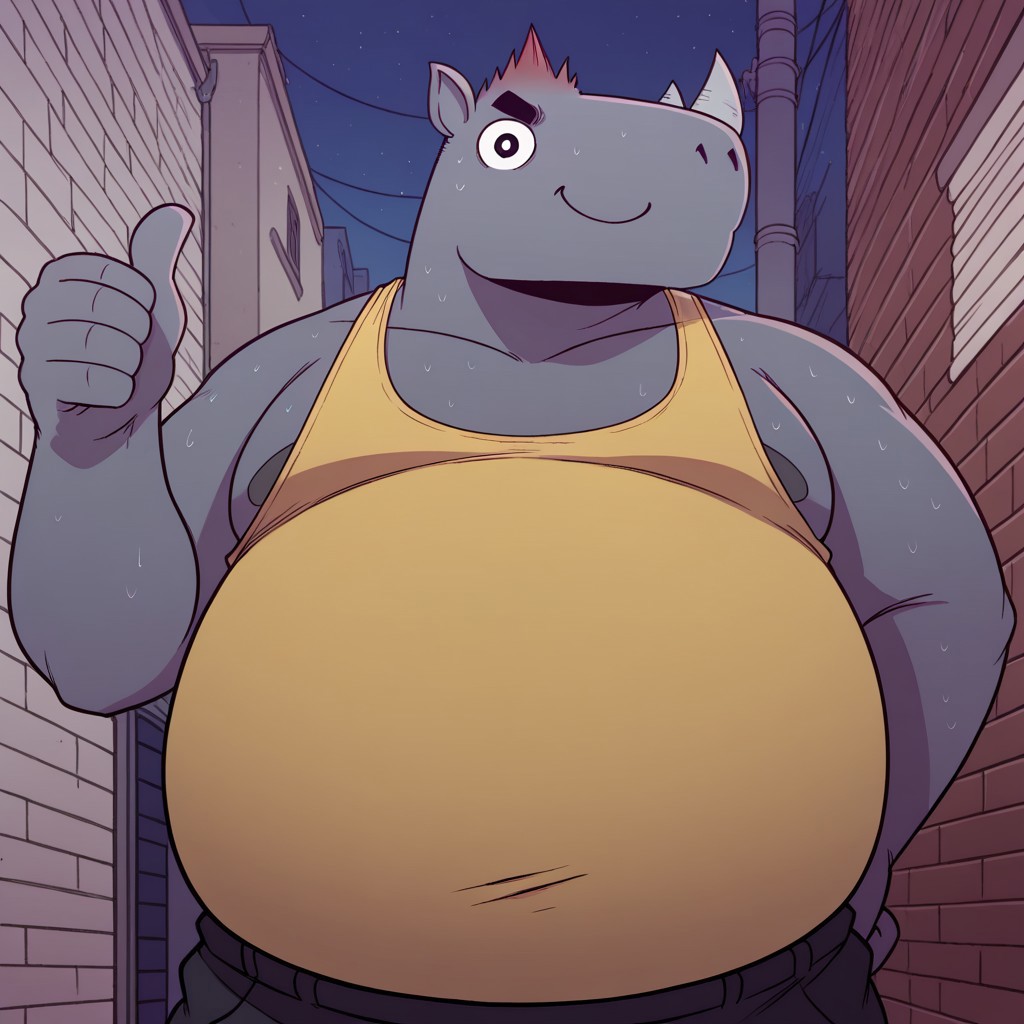 1boy, solo, detail background, cartoon style, 2d, anthro rhino, male, chubby, fat, overweight, purple-gray skin, cartoonish eyes, black eyes, big eyes, round eyes, short red hairstyle with spiked mane, large snout, curly rhino tail, large tail, obese, big belly, cartoon, 2d, thick black eyebrows, short ears, big body, two horns (one large, one small), thick arms, broad shoulders, rating_safe, score_9, rating_safe, Expressiveh, yellow tank top, black pants, white shoes, dof, detailed lighting, alleyway, at night, upper body, half body, close up, a thumbs up, low-angle view, smug expression, leaning on wall, on wall, looking at viewer, closed mouth, no nipples