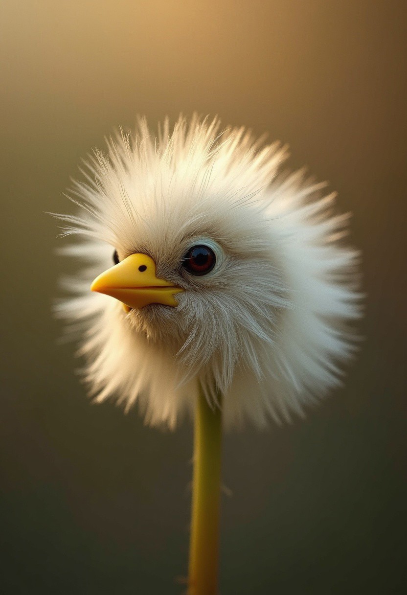 [bird's head | dandelion fluff] with a (tiny yellow beak) and (dark expressive eyes). The texture alternates between the feathered softness of a bird's head and the (airy, ethereal quality of dandelion fluff). [Blurred muted earth tones | soft golden light] in the background, enhancing the surreal atmosphere. Each element, from the (delicate wisps) of the dandelion to the (sharp detail) of the beak and eyes, appears distinctly yet harmoniously as if nature's magic has fused two forms into one. The composition emphasizes the tension between fragility and detail, blurring the line between plant and animal.