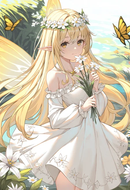 1girl, wings, pointy ears, solo, long hair, dress, fairy wings, holding, water, fairy, white dress, very long hair, butterfly, flower, white flower, bug, head wreath, off shoulder, holding bouquet, blonde hair, off-shoulder dress, bouquet, looking at viewer, outdoors, long sleeves, bare shoulders, yellow eyes, holding flower, breasts, closed mouth, jewelry, blurry,
masterpiece,best quality,newest,absurdres,highres,very awa,<lora:alguang2_noob1.1-000178:0.9>,