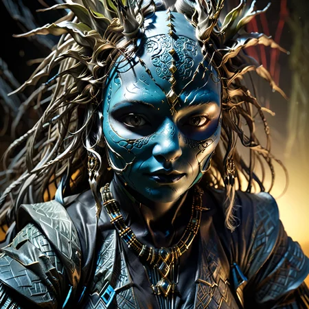 high-resolution photo of a creepy masterwork costume design by Tsutomu Nihei, unpretentious female Malaysian Druid, mask, cybernetic, dark sci-fi, untamed, otherworldly, intricately detailed, strange but beautiful,, highly detailed, strong colors, strong contrast, intricate details, volumetric light, (hyperdetailed), 8k hdr, lot of details, high quality, soft cinematic light, dramatic atmosphere, atmospheric perspective, subsurface scattering, transparency, Hyperrealistic, analog style, realistic, film photography, sharp focus, photography, photorealism, photorealistic, soft focus, polished lighting, heavy shadow <lora:mandelbulb0XL:1>, <lora:joelle0:1>,Laura Prepon,woman,