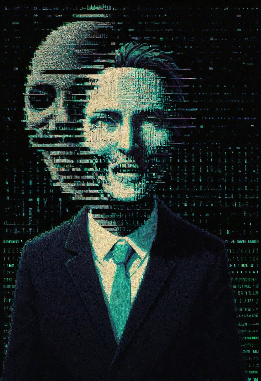 neon-pastel glitched ascii_art, fpv, Fist Person View, Dentist looking down to Viewer, mask, crazy glitched head looking down to you, Bright surgery light,