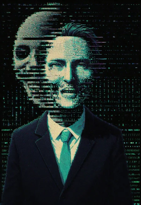 neon-pastel glitched ascii_art, fpv, Fist Person View, Dentist looking down to Viewer, mask, crazy glitched head looking down to you, Bright surgery light,