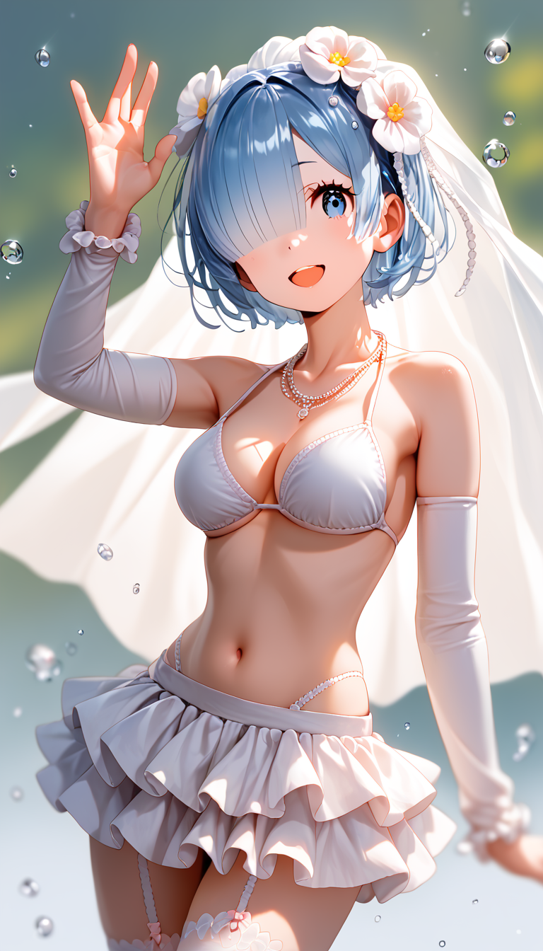 (score_9, score_8_up, score_8, score_9, ASCII score_9), (source_anime), (masterpiece best quality), (beautiful atmosphere), (depth field, 8K, UHD, high detail RAW color art, photo film maker), (sharp eyelid, sharp eyelashes, thick eyelashes, long eyelashes), (beautiful skin, beautiful face), (curvaceous figure), (perfect anatomy), (beautiful detailed face, beautiful oval face), (detailed embroidery), (sharp out line), (perfect hands), foreshortening, skin dentation, Visual Representation, sense of movement, detailed backgrounds, cinematic scene, looking at viewer, soft, smile, happy, soft lighting,
1girl, solo, horny, <lora:ã¬ã 3:1>, ccrem, short hair, blue hair, bridal veil, hair flower, hair over one eye, blue eyes, breasts, collarbone, necklace, bare shoulders, cleavage, white bra, white sleeves, microskirt, white skirt, garter straps, white thighhighs, outdoors, smile, happy, upper body, cowboy shot, head out of frame, spread one's arms, gentle spring breeze, Rotating Dance with Cane, colored lighting, natural lighting, full shot, dramatic lighting, a beautiful memorable moment, super wide Angle, intense angle, particles, open mouth, portrait, water drop, dynamic pose, beautiful memorable moment,