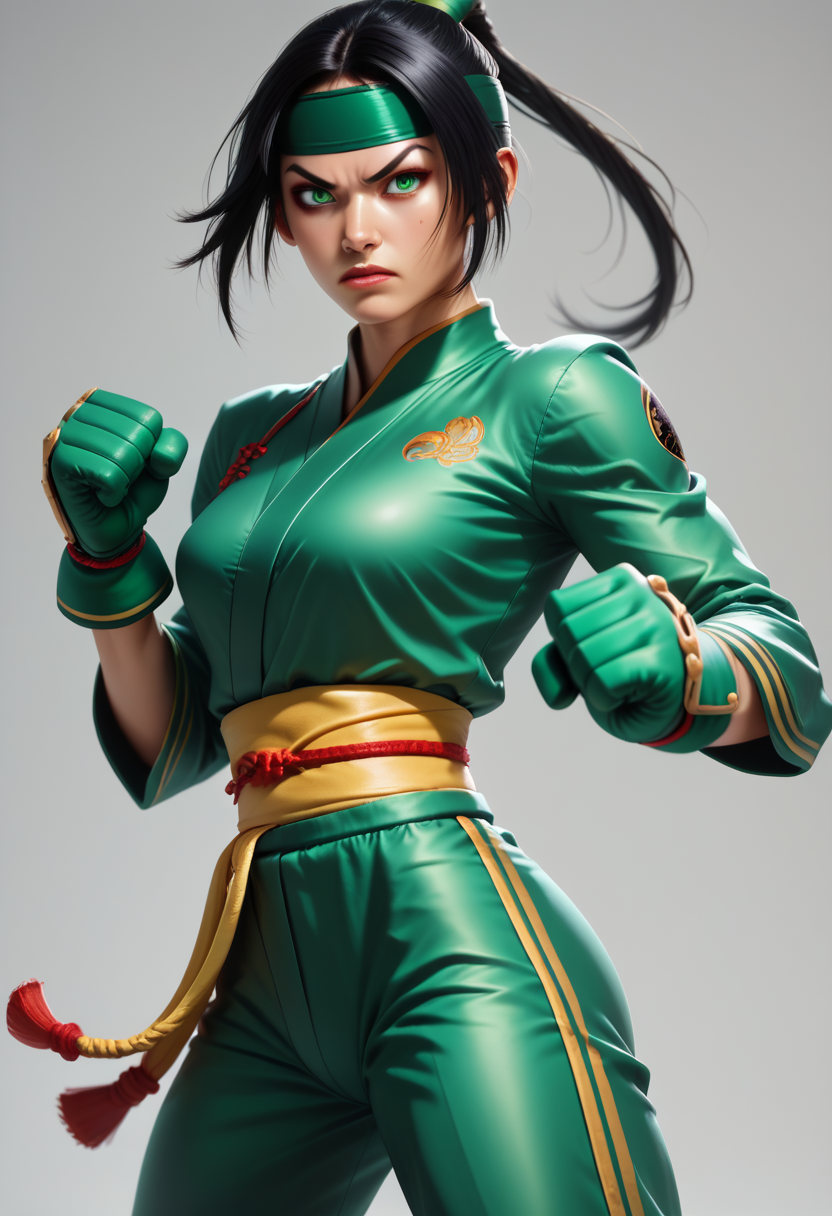 score_9, score_8_up, score_7_up,
1girl, solo, kung fu class, jade green sparring uniform, sparring gloves, tied headband,
 <lora:Dark_Jade_Pony_v0.3:0.6> d4rkj4d3, black hair, green eyes,