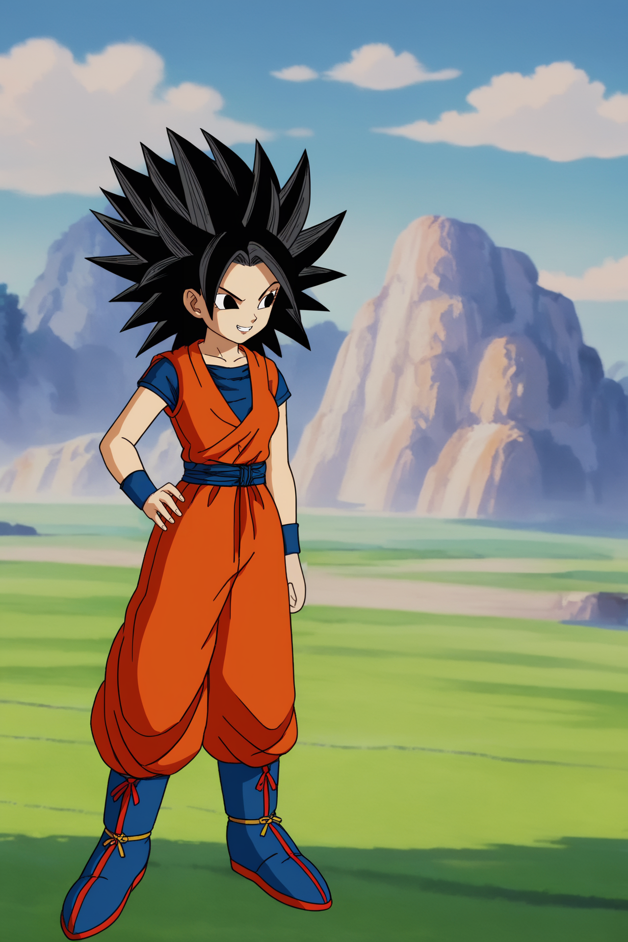 source_anime, score_9, score_8_up, score_7_up, anime screencap,8k, absurd res,
caulifla, 1girl, solo, smile, black hair, standing, full body, boots, outdoors, sky, grin, black eyes, hand on hip, sash, spiked hair, wristband, (genderswap), (mtf), blue footwear, mountain, dougi, arm by side, blue sash, orange topwear, orange pants, blue undershirt, blue wristband, arms by side, looking to the side, short sleeves, official style, 
 <lora:caulifla_pony_v2:0.8>