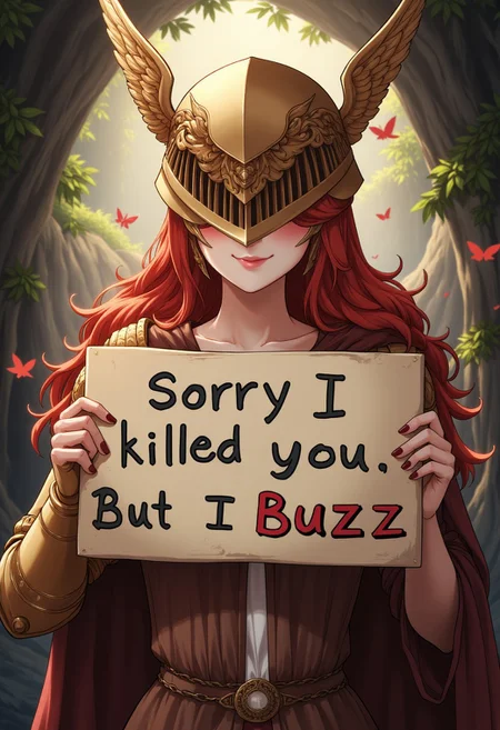 woman is malenia. holding a sign with text "Sorry I killed you. But I need Buzz". smile. Woman in gold armor. top body. cute. anime, cave. flowers