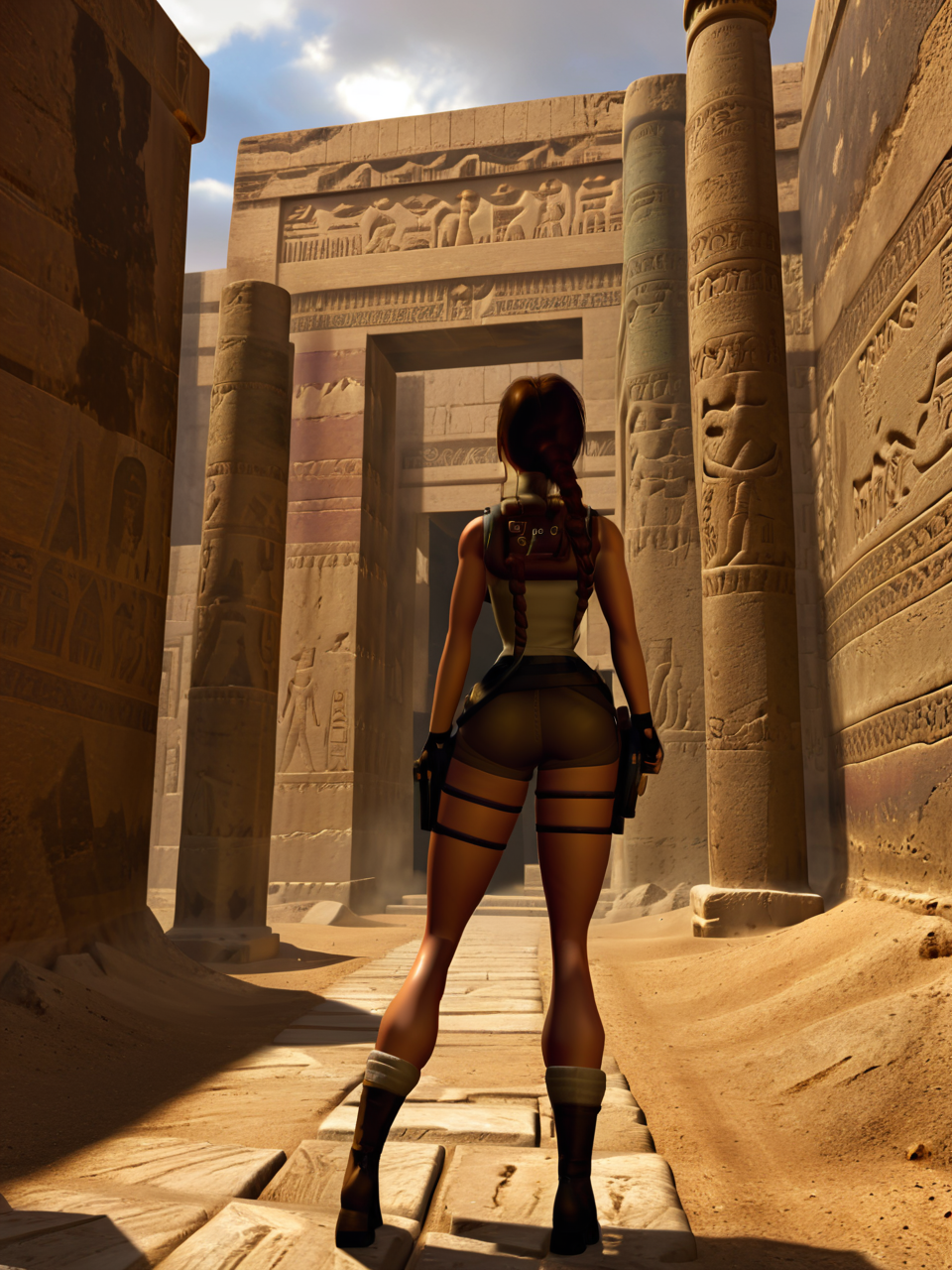 <lora:TR3D:1>, TR3D, 3D render of Lara Croft exploring a mysterious Egyptian ruin with stone pillars and hieroglyphs on walls, statues, facing away, back turned, high resolution, subsurface scattering, raytracing