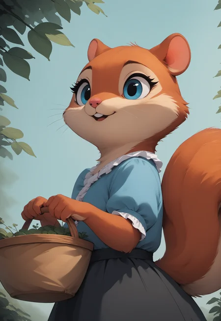 score_9, score_8_up, score_7_up, score_6_up, score_5_up, score_4_up, feral, cute, squirrel, female, red fur, blue eyes, white frilly shirt, black skirt, low angle view, from below,  outdoors, garden, from side, side view, detailed background, (open mouth:0.7), holding basket of nuts,
