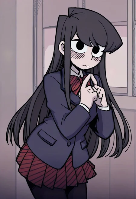 Masterpiece, best quality, aesthetic, high resolution, 1girl, solo, female, komi_shouko, black eyes, black hair, long hair, school uniform, red bowtie, blue jacket, blazer, long sleeves, striped, pleated skirt, red skirt, black pantyhose, looking at viewer, index fingers together, shy, blush, 
Vanripper