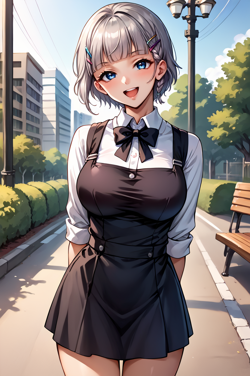 score_9, score_8_up, score_7_up, source_anime BREAK 1girl, solo, srw_seolla, midi pinafore dress, black color dress, white shirt, black bowtie, large breasts, short hair, side braid, gray hair, blue eyes, blunt bangs, hair ornament, looking at you, smile, open mouth, cowboy shot, arms behind back, public park <lora:srw_seolla:1>