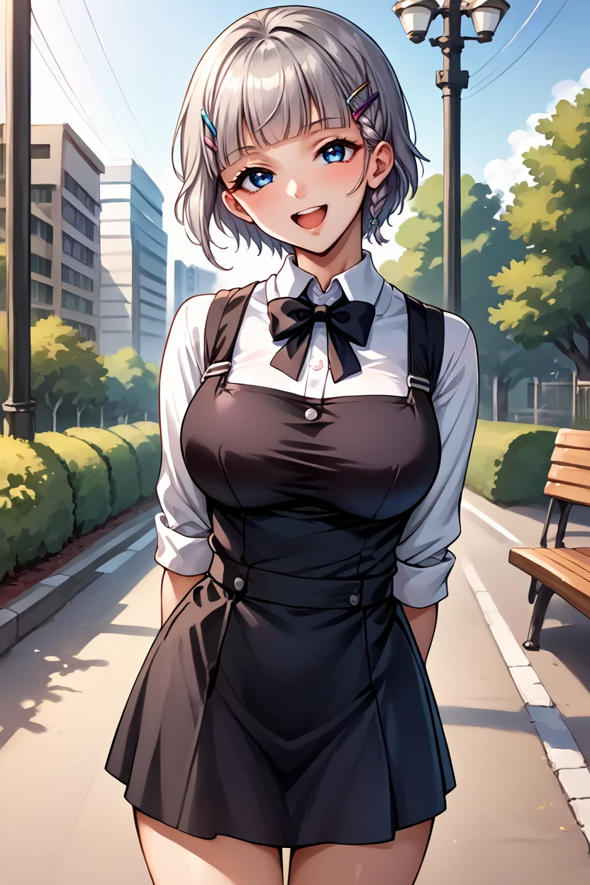 score_9, score_8_up, score_7_up, source_anime BREAK 1girl, solo, srw_seolla, midi pinafore dress, black color dress, white shirt, black bowtie, large breasts, short hair, side braid, gray hair, blue eyes, blunt bangs, hair ornament, looking at you, smile, open mouth, cowboy shot, arms behind back, public park <lora:srw_seolla:1>