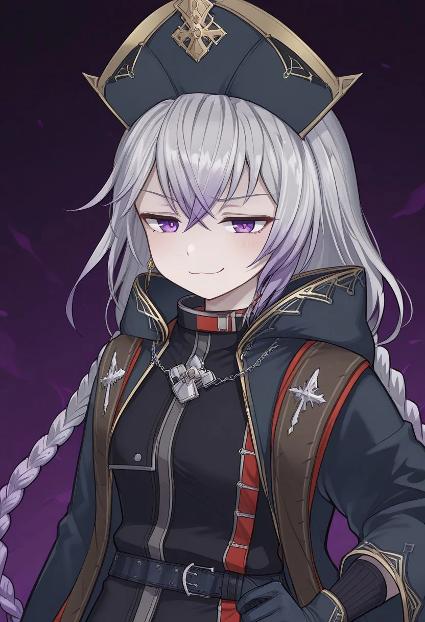 (masterpiece, best quality, highres, very aesthetic, very awa),  1 girl, charonCA, gradient hair, grey hair, two-tone hair, purple hair, braid, twin braids, long hair, hat, charonCA hat, purple eyes, earrings, small breasts, collared shirt, high collar, shirt, charonCA shirt, belt, hood, charonCA hood, jacket, charonCA jacket, open jacket, open clothes, gloves, close up, smug, from above