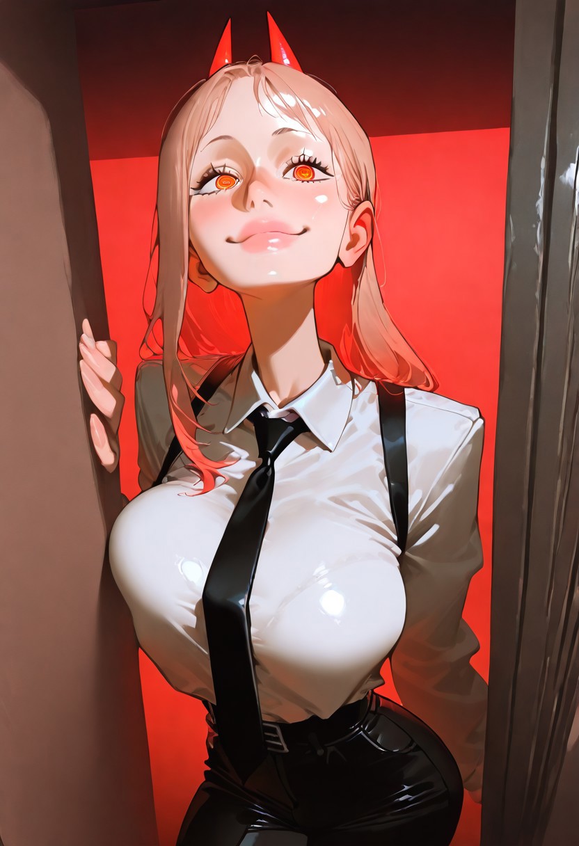 1girl, solo, power \chainsaw man\, long hair, ringed eyes, horns, white collared shirt, black necktie, black pants,
looking at viewer, smiling, closed mouth,
hiding, in macabre Cursed, moonlit hilltop,artist:Matsuba10,matumot,kim hyung tae,
dynamic angle, dynamic motion, creepy, horror,fenner, trippy,,absolutely eye-catching,,extremely detailed,, good composition, masterpiece, best quality, very aesthetic, very awa, absurdres, newest,
masterpiece, best quality, amazing quality, very aesthetic, absurdres, newest, , photorealistic,  <lora:incase_new_style_red_ill>, ExpressiveH,  red lights, red mood, shiny skin, black bra under clothes, beautiful lips, sexy lips, shiny lips,