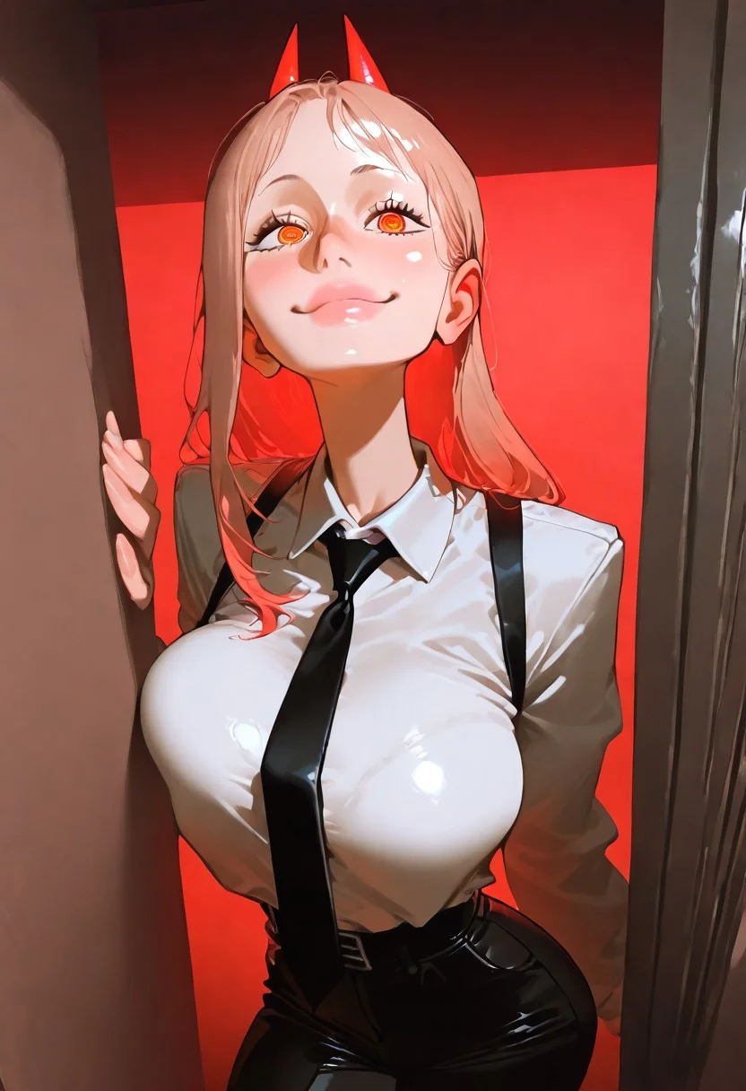 1girl, solo, power \chainsaw man\, long hair, ringed eyes, horns, white collared shirt, black necktie, black pants,
looking at viewer, smiling, closed mouth,
hiding, in macabre Cursed, moonlit hilltop,artist:Matsuba10,matumot,kim hyung tae,
dynamic angle, dynamic motion, creepy, horror,fenner, trippy,,absolutely eye-catching,,extremely detailed,, good composition, masterpiece, best quality, very aesthetic, very awa, absurdres, newest,
masterpiece, best quality, amazing quality, very aesthetic, absurdres, newest, , photorealistic, <lora:incase_new_style_red_ill>, ExpressiveH, red lights, red mood, shiny skin, black bra under clothes, beautiful lips, sexy lips, shiny lips,
