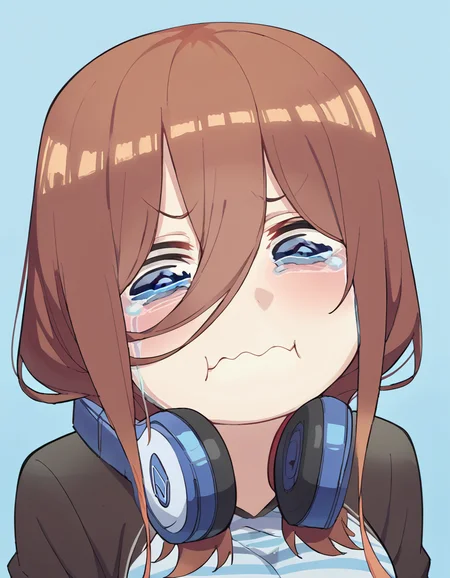 score_9, score_8_up, score_7_up, source_anime, <lora:miku-nakano-s2-ponyxl-lora-nochekaiser:1>, miku nakano, long hair, bangs, blue eyes, brown hair, hair between eyes, headphones, headphones around neck, large breasts,, <lora:aqua-about-to-cry-ponyxl-lora-nochekaiser:1> crying aqua, crying aqua (meme), crying, tearing up, tears, wavy mouth,, ,