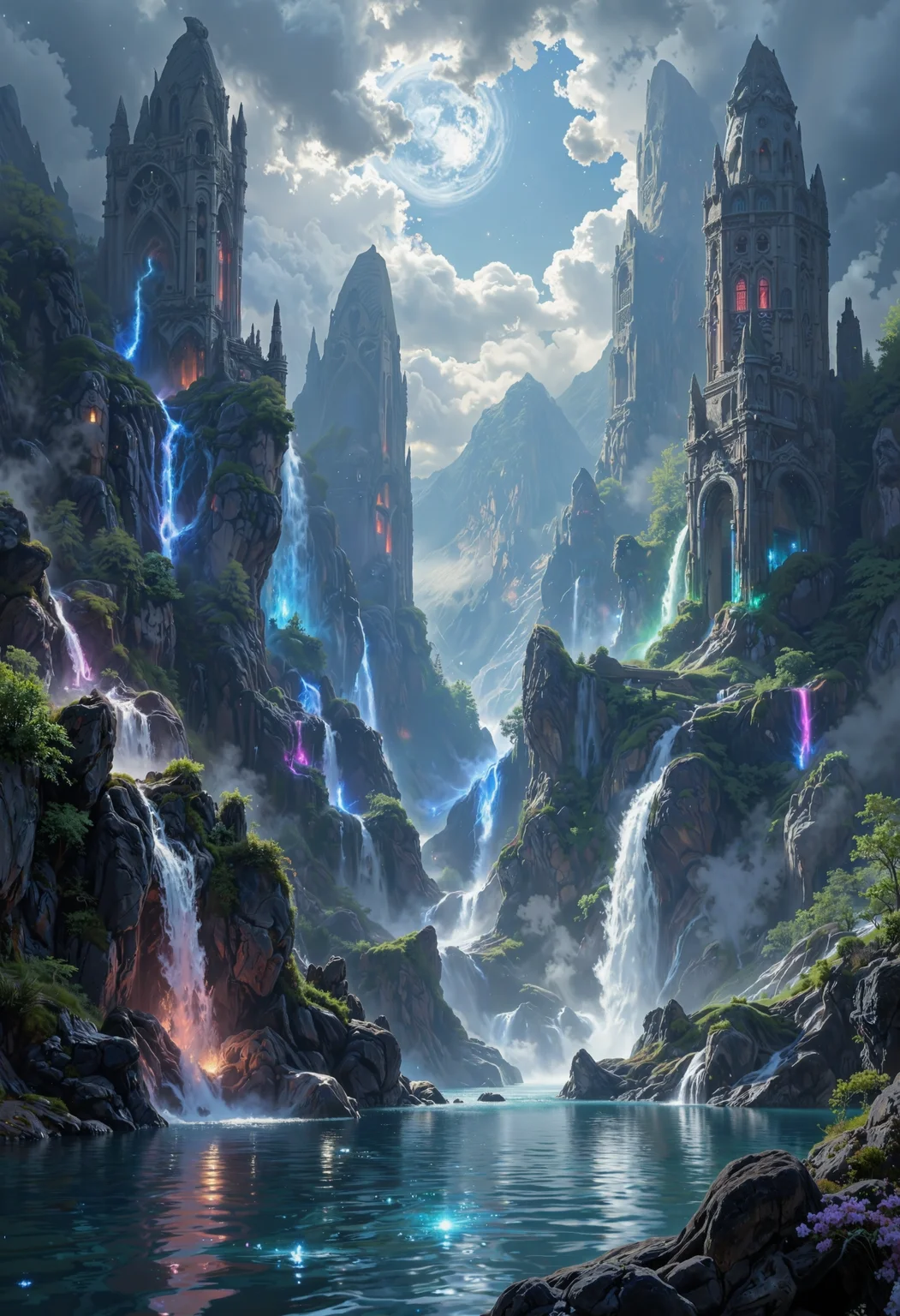 in the style of ck-ovf, A vast, ancient elven city submerged in a shimmering lake, with grand towers and archways rising from the water. Magical waterfalls cascade from enchanted stones floating in the air, glowing softly in a rainbow of colors under the light of a silver moon. Ethereal water sprites dart through the mist, casting a soft, magical glow across the ruins.<lora:ck-OneViolentFantasy-000021.safetensors:0.6:0.6>