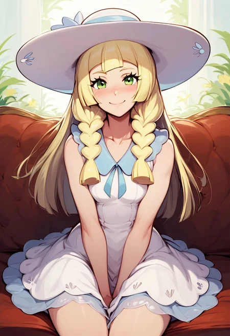 score_9, score_8_up, score_8, medium breasts, (curvy), cute, eyelashes,
,,,
lillie, long hair, braid, sun hat, white headwear, collarbone, sleeveless dress, white dress,
,,,
smile, looking at viewer, blush, blurry background, couch, sitting,
,,,
BREAK,
smile, looking at viewer, cowboy shot,
zPDXL, Expressiveh,