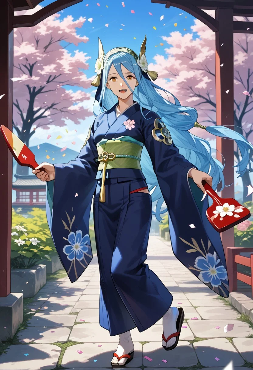 score_9,score_8_up,score_7_up,source_anime,azura (fire emblem),1girl,solo,looking at viewer,smile,open mouth,long sleeves,hair ornament,holding,flower,japanese clothes,wide sleeves,kimono,sash,sandals,obi,veil,tabi,confetti,paddle,hagoita,hanetsuki,age down,