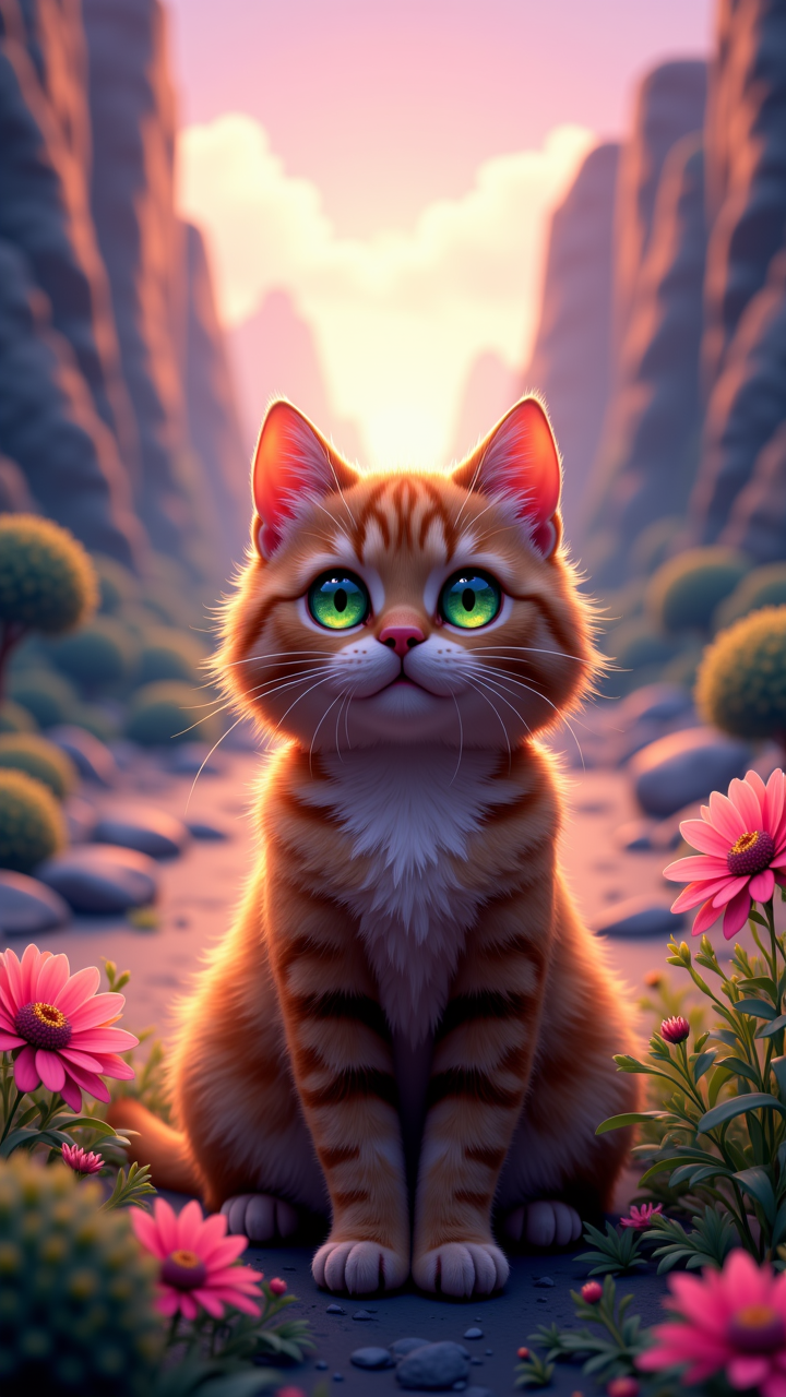 anime digital art, In a surreal landscape, a sleek and modern digital artwork comes to life. The image depicts an exotic shorthair cat with curly brown fur and piercing green eyes, Masterpiece, 50mm, Autochrome, aidmaimageupgrader