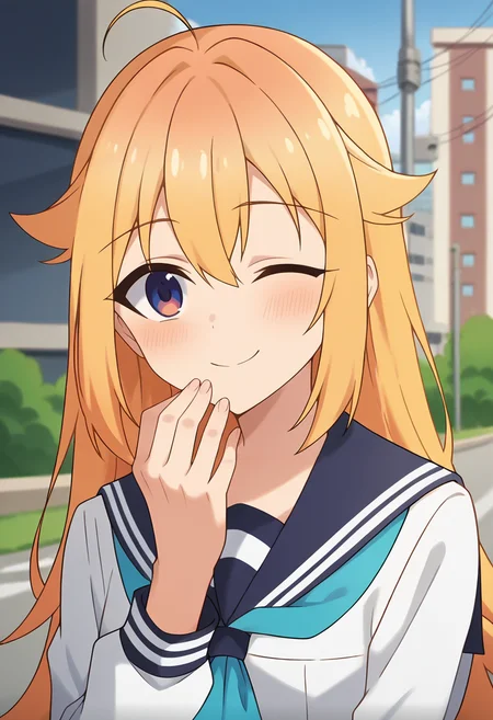 score_9, score_8_up, score_7_up, source_anime, masterpiece, 1girl, ct_k0shi, serafuku, blue sailor collar, blue neckerchief, puffy long sleeves, miniskirt, looking at viewer, outdoors, depth of field, sunny, city, shiny skin, portrait, cowboy shot, hand on chin, happy, one eye closed, blush, <lora:Koshi_Torako_Pony_ct_ver2:0.9>