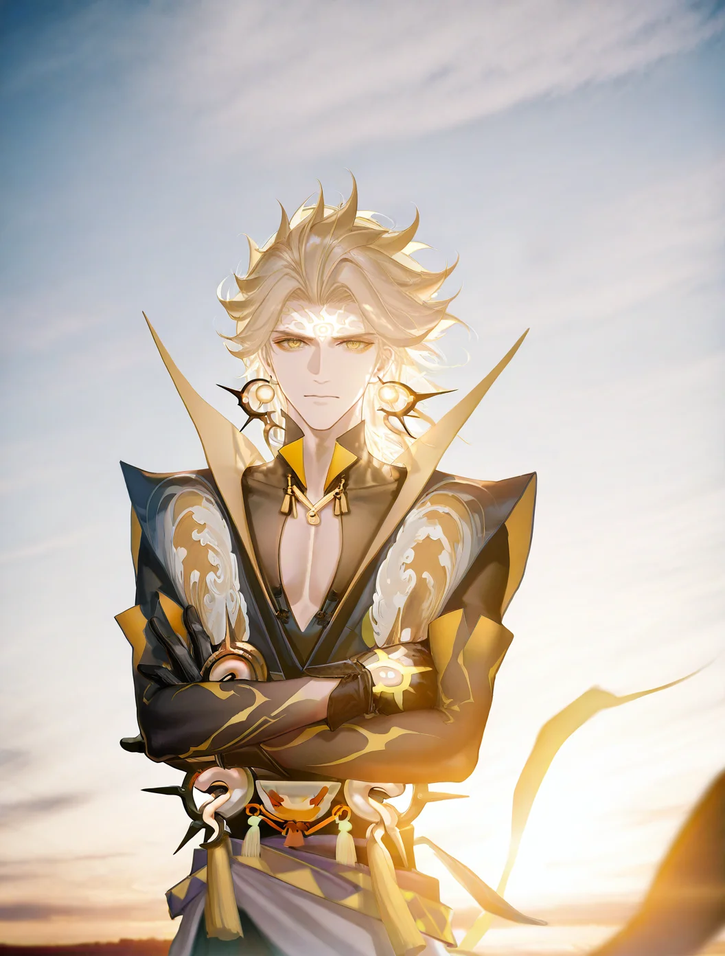 masterpiece,best quality,amazing quality,absurdres,volumetric lighting,very aesthetic,newest,highres,facing viewer,front view,((artist:reoen),(artist:fuzichoco),(artist:atdan),(artist:torino_aqua),year 2024:0.8),[artist:wlop],[artist:ningen_mame],artist:ciloranko,[[artist:rhasta]],artist:tidsean,colorful,
(solo:1.3),1boy,male,<lora:susanoo_onmyoji-000010:1>,susanoo \(onmyoji\),blonde hair,yellow eyes,facial mark,forehead mark,male focus,earrings,jewelry,gloves,serious,black gloves,spiked hair,bishounen,floating object,looking at viewer,pectoral cleavage,electricity,lighting,holy,sacred,floating hair,floating clothes,
beautiful_detailed_eyes,<lora:backlighting_il_2_d16:0.9>,backlighting,bokeh,lens flare,outdoors,outdoors,sky,cloud,<lora:gs_style_ilxl:0.8>,dynamic angle,illustration,finely detail,dynamic angle,colorful refraction,beautiful,cinematic lighting,<lora:ClearHand-V2:1>,<lora:DetailedEyes_V3:1>,<lora:detailed hand focus style illustriousXL v1:1>,crossed arms,<lora:headunderclothesv2:0.9>,pov,from below,