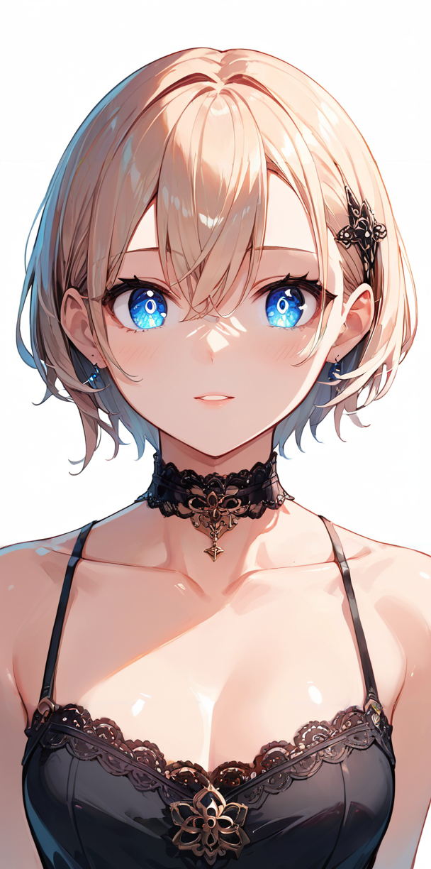 score_9, score_8_up, score_7_up,source_anime, high res image,masterpiece,best quality,girl,cute face,clear skin,shiny hair,ultra detailed eyes,simple background,  <lora:chocker_pony_V1.0:0.6> choker,lace