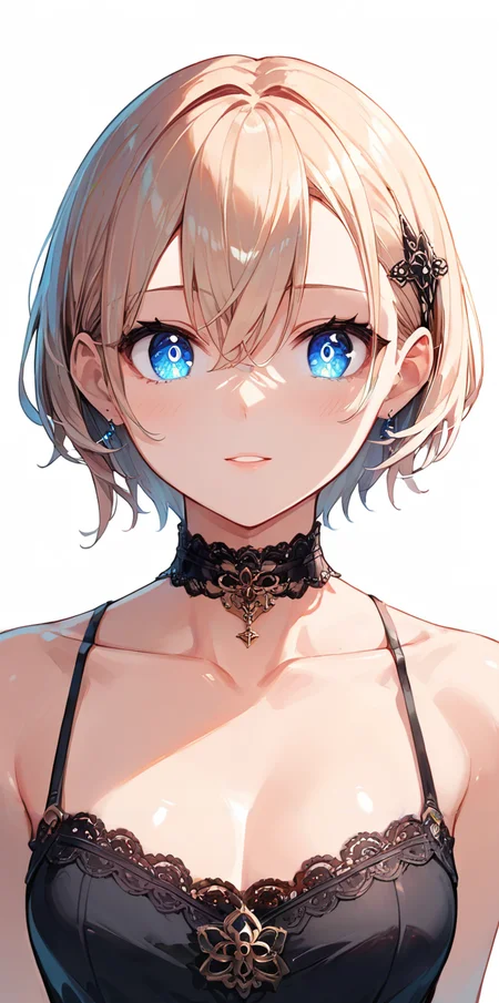 score_9, score_8_up, score_7_up,source_anime, high res image,masterpiece,best quality,girl,cute face,clear skin,shiny hair,ultra detailed eyes,simple background, <lora:chocker_pony_V1.0:0.6> choker,lace