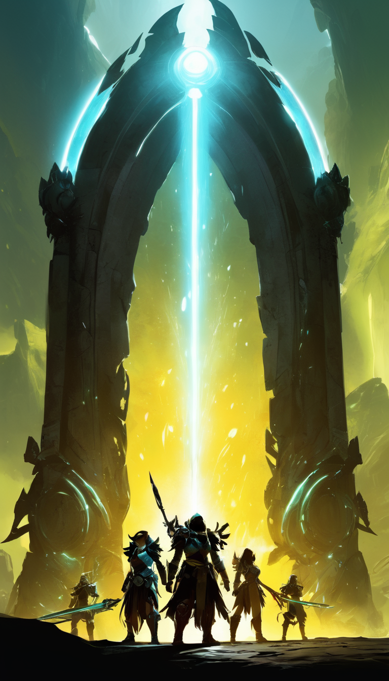 Cinematic scene, a group of adventurers stand in front of a glowing portal, their weapons drawn and ready for battle. They step through the portal, eager to explore the unknown world beyond, masterpiece, best quality, high quality, absurdres, vivid, guild wars 2 <lora:guild_wars_xl_v3:1>