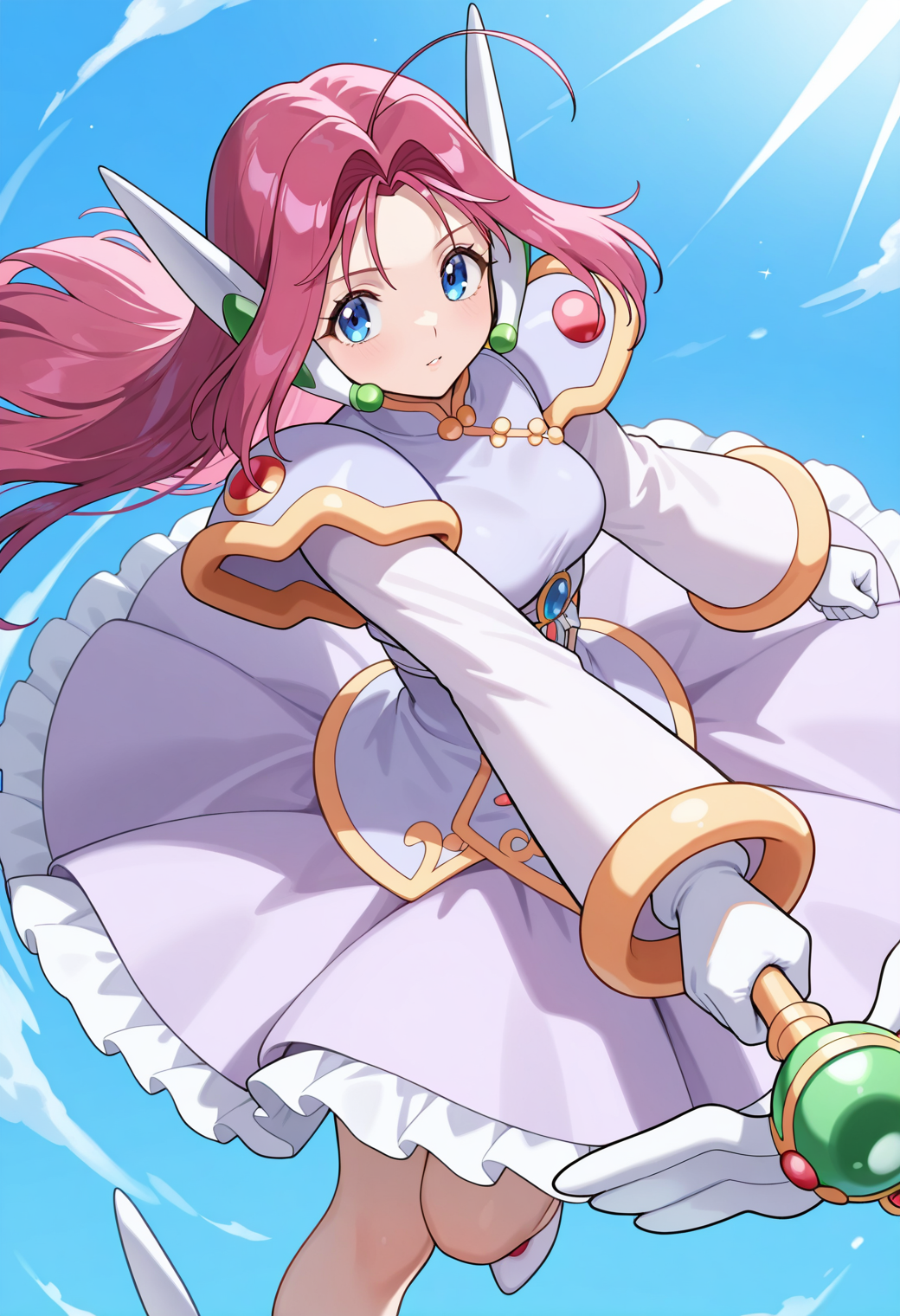 masterpiece, best quality, very aesthetic, absurdres, 1girl, solo,
<lora:corrector_haruna_wind_v01:0.9>, corrector_haruna, wind_element_suit, pink hair, long hair, ahoge, blue eyes,
magical girl, robot ears, shoulder armor, dress, jewelry, long sleeves, white gloves, circle skirt, winged footwear, holding wand, posing