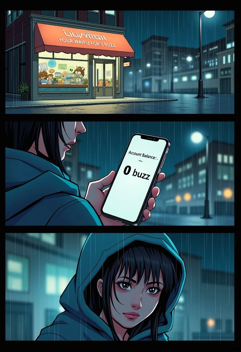 A three panel comic, the setting is a city center at night, it's raining, the first panel is a wide shot of a store labeled "Civitai" displaying the banner "YOUR WAIFU FOR 3 BUZZ",
The second panel is a close-up of a phone screen displaying the text "Account Balance: 0 buzz",
The last panel is a close-up of very sad woman, wearing a hoodie, crying, with tears in his eyes