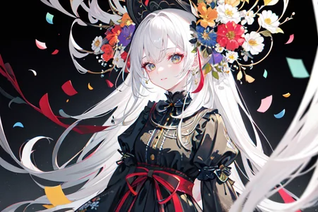 highly insanely detailed, masterpiece, top quality, best quality, highres, 4k, 8k, RAW photo, (very aesthetic, beautiful and aesthetic),  
(code_style,codestyle), 
<lora:CodeStyle (half generic class)_564920:0>, 
(1girl:1.3), 1other, 
salt and pepper background,floral print background,(abstract colored background,colored confetti background),âââ