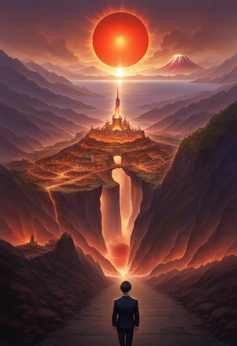 prefect lighting,very aesthetic,prefect hands,best quality,
intricate details,((highly detailed background)),(masterpiece:0.9),high quality, masterpiece,best quality,ultra-detailed, st_landscape, scenery, street, castle, volcano, sun, red sun, sea, cliff
