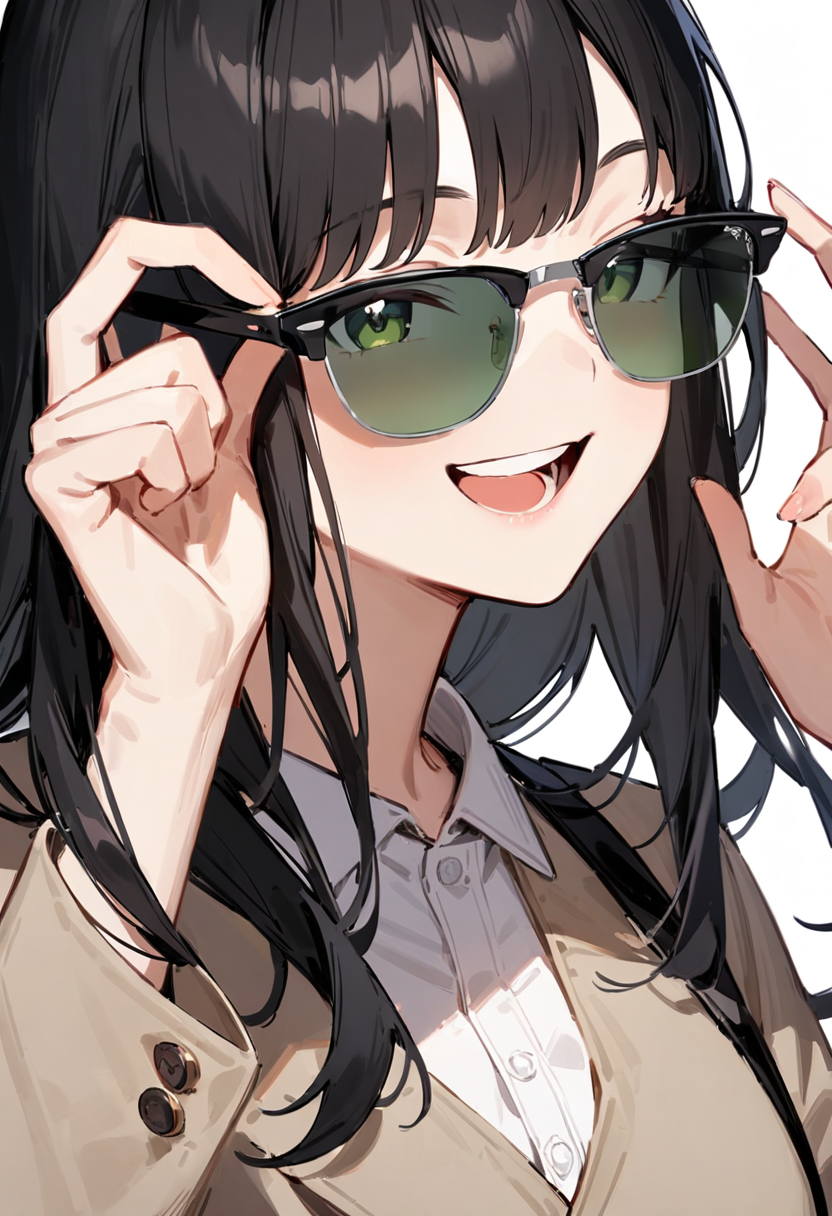 masterpiece, best quality, very aesthetic, absurdres,
1girl, solo, black hair, long hair,
sirmont, sunglasses, green-tinted eyewear, black-framed eyewear, grey-framed eyewear, two-tone eyewear,
collared shirt, happy, smile, looking at viewer, adjusting eyewear, white background, simple background,
 <lora:sunglasses_CLUBMASTER_SDXL_V1:1>