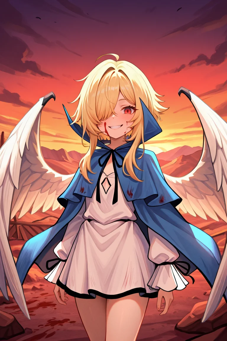 masterpiece, very aesthetic, absurdres, best quality, amazing quality, high resolution, <lora:illustrious_quality_modifiers_masterpieces_v1:0.8> , <lora:ChamIllustriousBackgroundEnhancer:0.5>,  solo,   <lora:No._367IL:0.8> , thrdef, 1girl, blonde hair, long hair, medium hair with long locks, hair over one eye, red eyes, wings, white wings, feathered wings, dress, white dress, short dress, blue cloak, popped collar, neck ribbon, black ribbon, center opening, long sleeves, cowboy shot, exterior, bloody, blood splattered face, evil grin, looking at viewer, wasteland, puddles, rocks, evening,