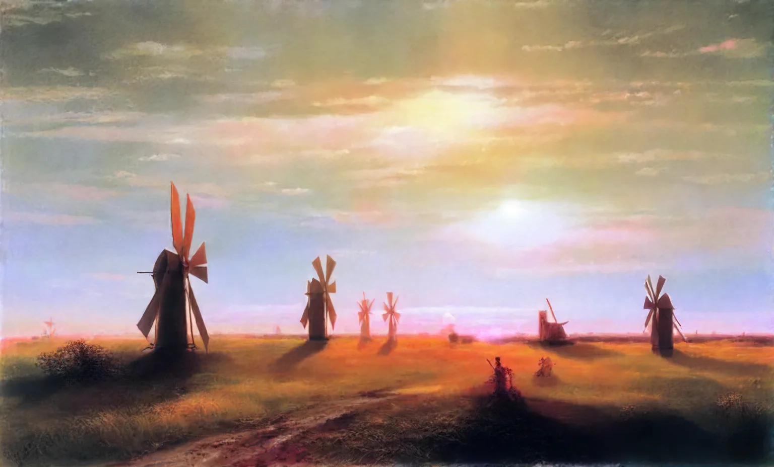 <lora:aivazovsky_pony_v2:1> 'Windmills in the Ukrainian steppe at sunset' by Aivazovsky Ivan in 1862,landscape \(genre\),Romanticism \(style\),deserts-and-steppes, sunrise-and-sunset, mills-and-windmills, Sky, Windmill, Evening, Afterglow, Red sky at morning, score_9, score_8_up, rating_explicit,explicit