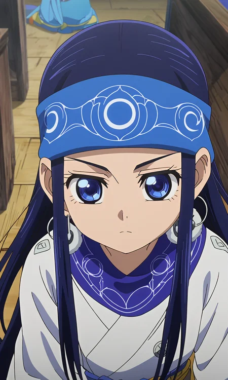 anime artwork Asirpa, blue hair, blue eyes, long hair,blue bandana, ear piercing,petite,flat chested,masterpiece,best quality,8k highres,detailed . anime style, key visual, vibrant, studio anime, highly detailed