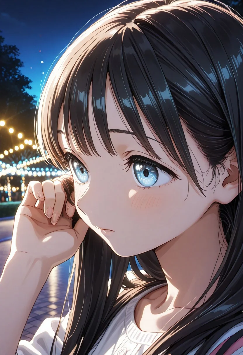close up, solo, woman, komichi_akebi, hand on hair, night park, lights, high quality, best quality, masterpiece, 4k resolution, anime