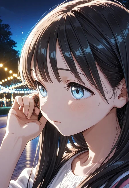 close up, solo, woman, komichi_akebi, hand on hair, night park, lights, high quality, best quality, masterpiece, 4k resolution, anime