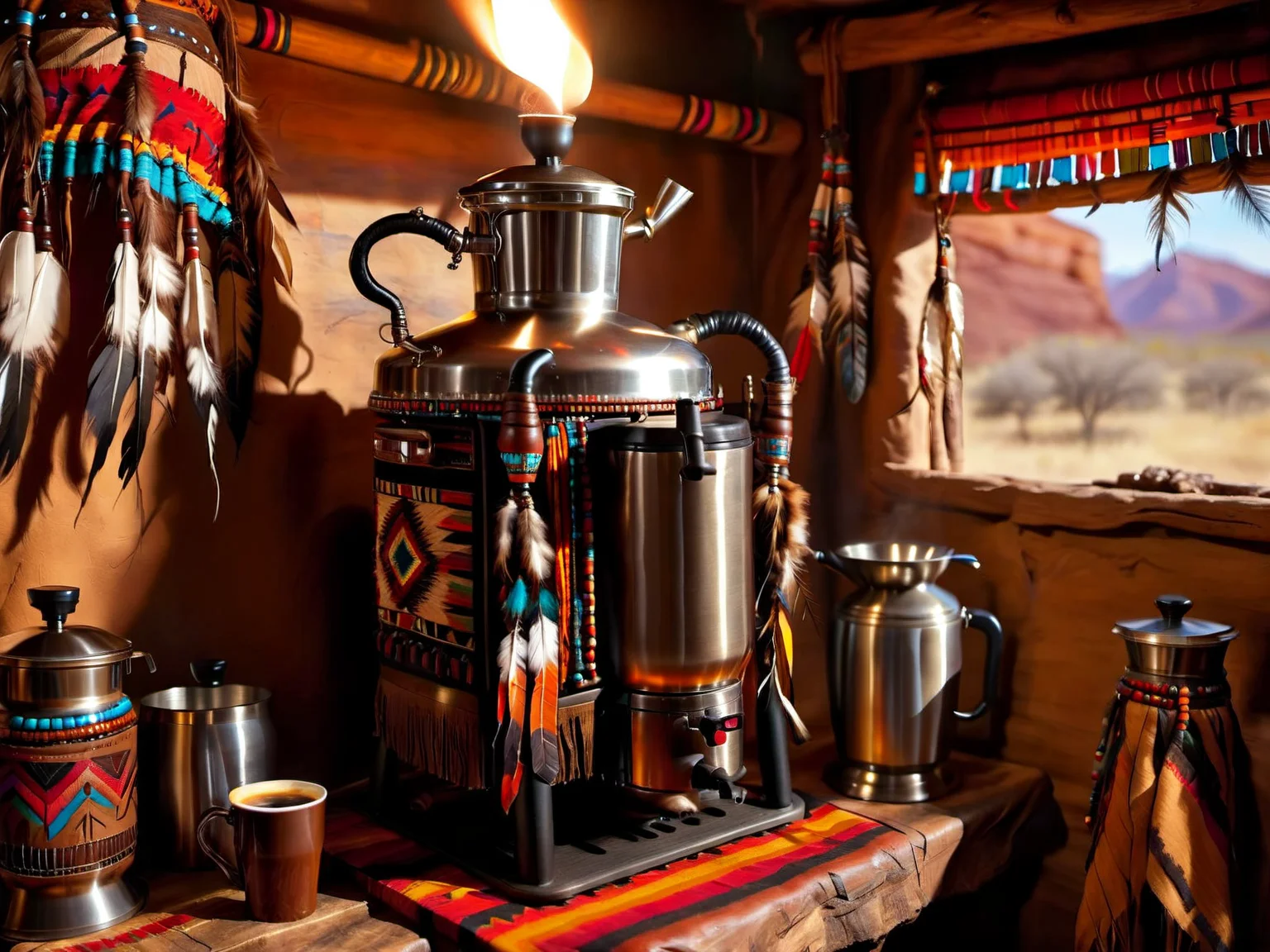 <lora:CulturePunkAI_1Pruned:.9> TotemPunkAI Sioux coffee machine (Highly detailed, amazing tribal setting), (Impressive lighting), (Colorful, Ultra Realistic, High quality, Highly detailed, Sharp focus, 8K UHD, Art photography), (trending on artstation)