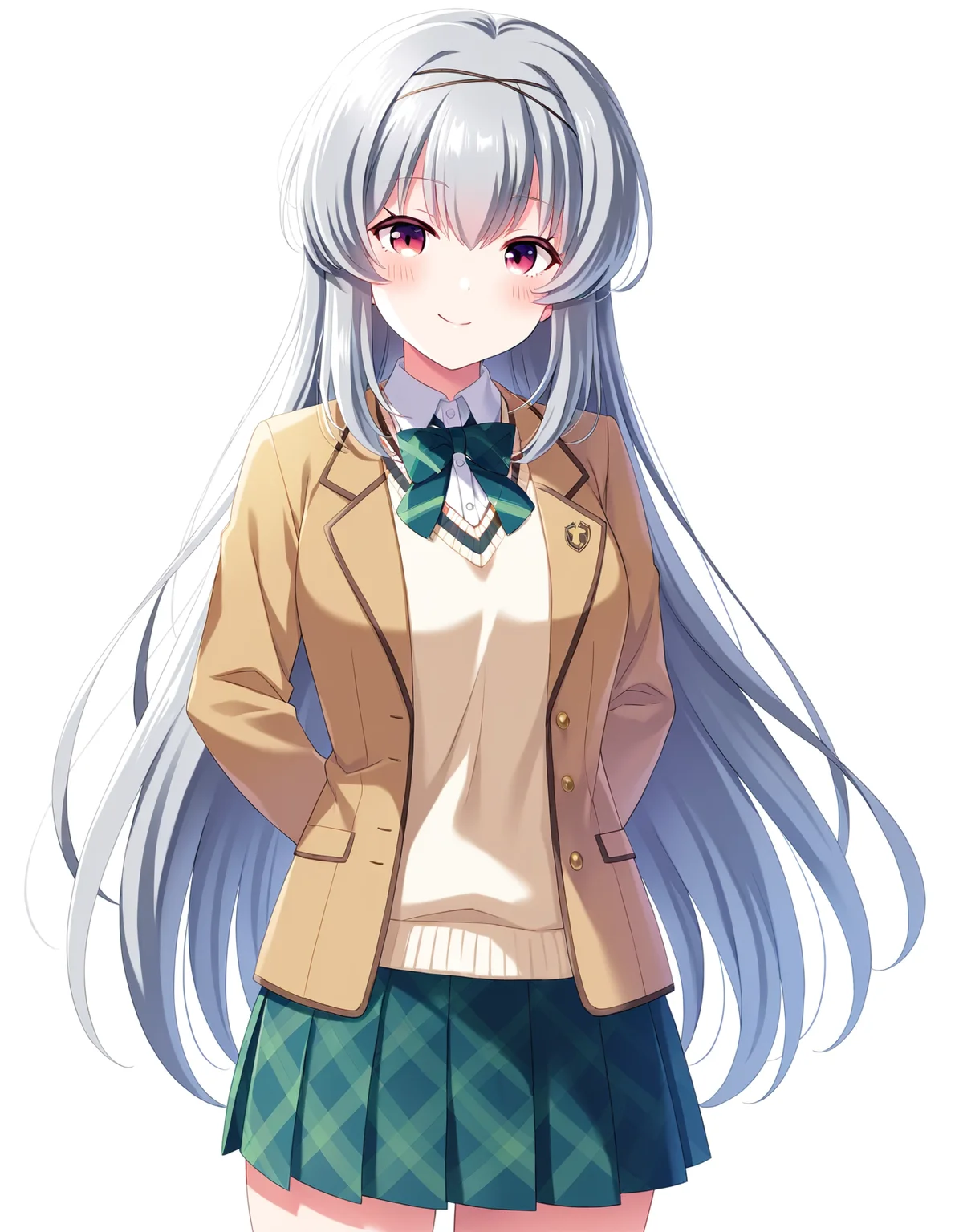 1girl, solo, cowboy shot, tendo rui, hairband, idoly pride, school uniform, standing, arms behind back, looking at viewer, smile, blush, (simple background, white background), BREAK, <lora:iRui:0.72>,
very aesthetic, high definition, amazing quality, masterpiece, best quality, highres, absurdres, sensitive, newest, anime screenshot, screencap