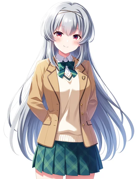 1girl, solo, cowboy shot, tendo rui, hairband, idoly pride, school uniform, standing, arms behind back, looking at viewer, smile, blush, (simple background, white background), BREAK, <lora:iRui:0.72>,
very aesthetic, high definition, amazing quality, masterpiece, best quality, highres, absurdres, sensitive, newest, anime screenshot, screencap