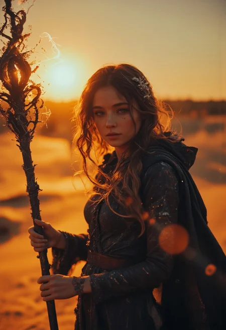 cinematic Closeup movie still-shot,  Create an action scene featuring a halfling wizard Female and Long hair in a broad outworn hooded cape shading her eyes, standing in the midst of an DARK desert forest. She is executing a powerful spell with her Long orb-staff with a translucent Amber Sphere head that carves a furrow through the sand and enemies on the ground, scattering them away or disintegrating them with the force of the blow. The focus is on the intricate designed luminous orb-staff capturing the dynamic speed of the Magic force. Pressure Wave, floating particles, the Closeup of her face silhouette visible against the backdrop of the setting sun, which shines through parts of her metallic body. Her billowing Linen cape adding to the dramatic effect. The scene is vibrant with atmospheric lighting and cinematic composition. Super Face Closeup