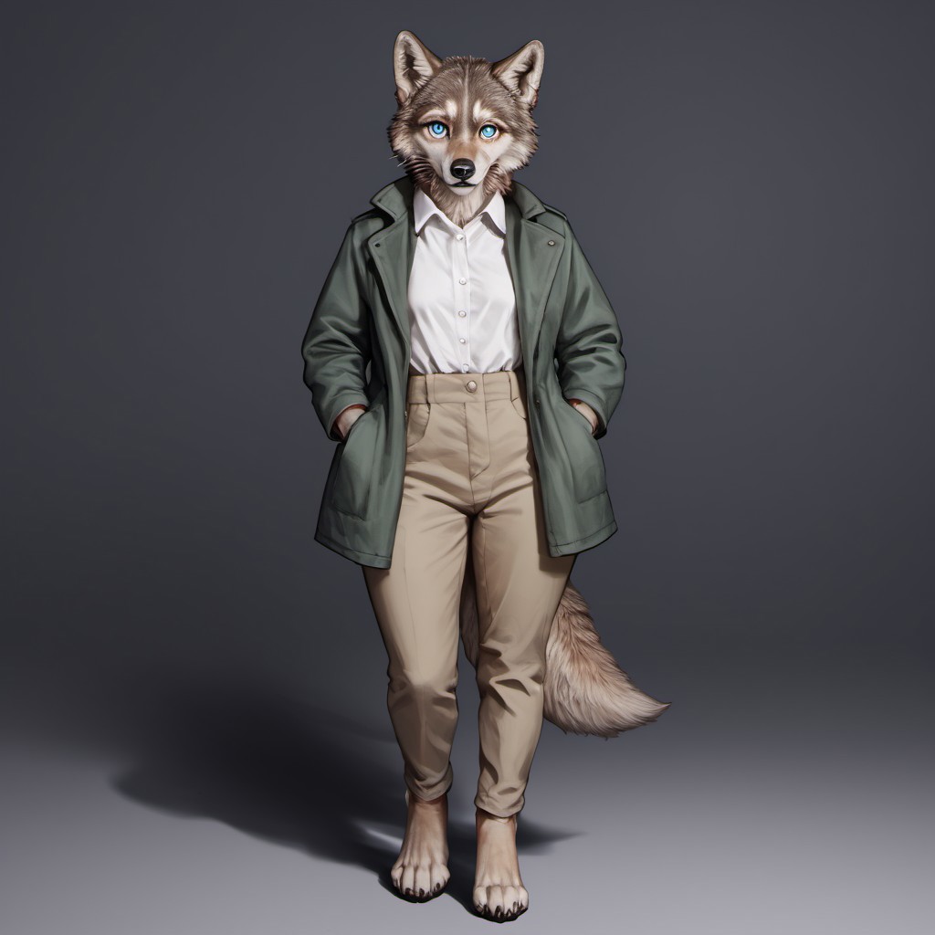 score_9, score_8_up, score_7_up, source_furry, detailed face, detailed eyes, incredible detail BREAK 1girl, solo, anthro, wide shot (furry female, wolf, light brown fur, monotone fur, light blue eyes,slightly wide hips, small breasts), black nose, whiskers, holding bow, wearing a hunter clothes(jacket, white shirt), shy posee, ear flop, solo, looking at viewer, drop shadow, full body