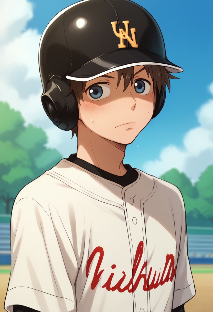score_9, score_8_up, score_7_up, source_anime, highly detailed, 
kosuke, 1boy, male focus, helmet, solo, brown hair, blue eyes, outdoors, baseball uniform, sportswear,
blush, day, sky, freckle, upper body,
