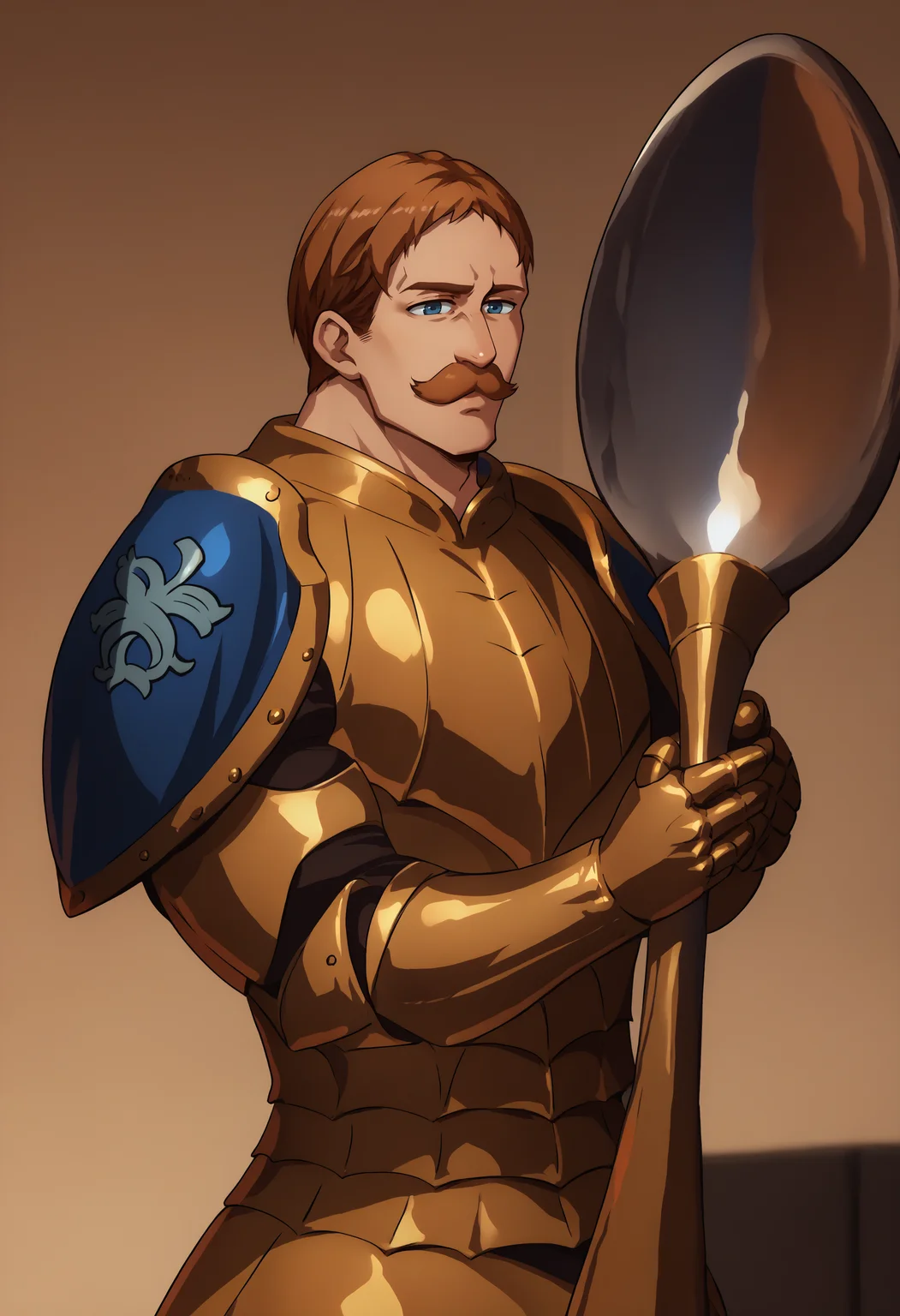 score_9, score_8_up, score_7_up, 1boy, ComicallyLargeSpoon, <lora:ComicallyLargeSpoon_XLPD:1>, cowboy shot, <lora:ChamEscanorPonyXL:1> Escanor, muscular, short hair, brown hair, mustache, blue eyes, gold armor, blue shoulder armor, gauntlets,