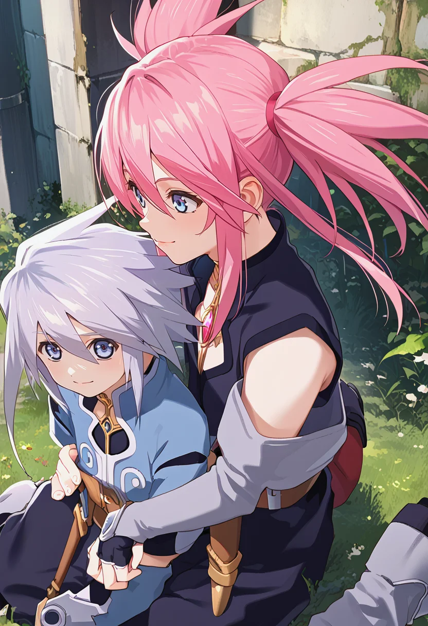 1boy, <lora:Genis_Sage:1>, genis, silver hair, blue eyes, short hair, blue clothes, smile, BREAK, 1girl, <lora:presea_v01:1> preseaBase, pink hair, twintails, long hair, sidelocks, chest jewel, black dress, sleeveless, belt, elbow gloves, fingerless gloves, grey boots, high quality, 32k, realistic, 9,9,9,9,, BREAK score_9, score_8_up, score_7_up, score_6_up, source_anime, best quality,