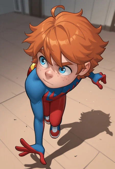1boy, male focus, cute boy, BaileyBriggs, maskless, Orange Hair, Blue Eyes, Freckles, Spiderboy Costume, Two-tone Bodysuit, Red Bodysuit, Blue Bodysuit, Red Blue Sneakers, cinematic, intricately detailed illustration, depth of field, masterpiece, best quality, amazing quality, very aesthetic, absurdres, newest, very awa, shadow, dynamic angle, casual cosplay, dynamic pose,  action pose,