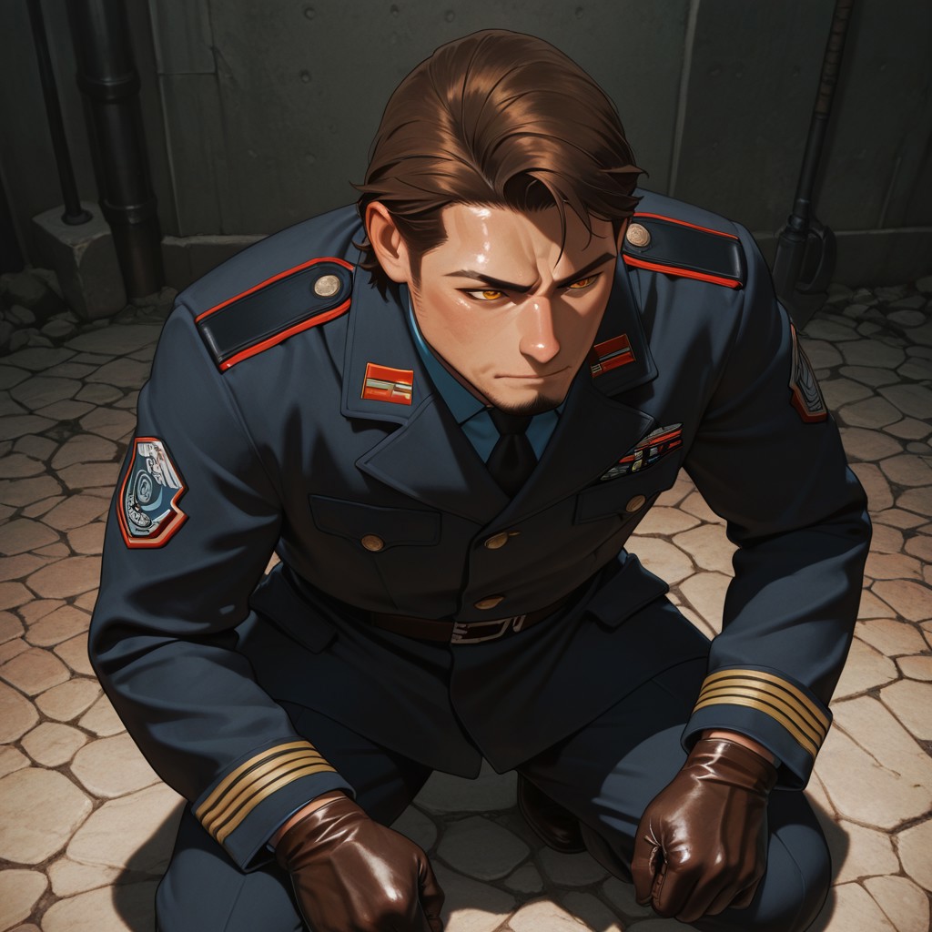 masterpiece, best quality, amazing quality, absurdres, newest, detailed background, definition so sharp, Ultra-HD, 8K cinematic, very awa, impressionate, amazing quality, highres, 
solo, male focus, manly, shadow, shiny skin,
shimonmakusu, shimon_brunette, shimon_orange eyes, 1boy, short hair, stubble, goatee, mature male, authority, commanding_presence, stern_expression, military_uniform, leather_gloves, imposing, disciplined, unyielding, straight_posture, leader, sharp_suit, power_stance, stone_face