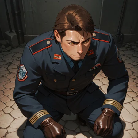 masterpiece, best quality, amazing quality, absurdres, newest, detailed background, definition so sharp, Ultra-HD, 8K cinematic, very awa, impressionate, amazing quality, highres, 
solo, male focus, manly, shadow, shiny skin,
shimonmakusu, shimon_brunette, shimon_orange eyes, 1boy, short hair, stubble, goatee, mature male, authority, commanding_presence, stern_expression, military_uniform, leather_gloves, imposing, disciplined, unyielding, straight_posture, leader, sharp_suit, power_stance, stone_face