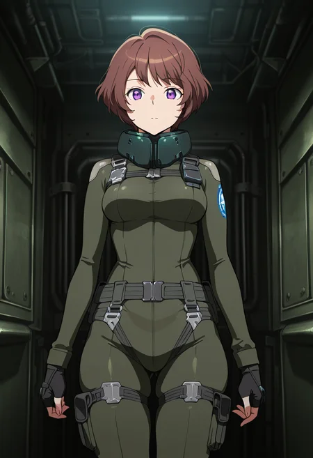 masterpiece, best quality, amazing quality, very aesthetic, absurdres, newest, illustration, perfect composition, intricate details, highres, anime coloring, 1girl, solo, (cowboy shot:1.2), rayetww, purple eyes, brown hair, short hair, aldnoahsuit, neck guard, breasts, black fingerless gloves, black combat boots, looking at viewer, shiny body, shiny skin, skindentation, clear skin, shiny hair, ultra detailed eyes, depth of field, sharp, intricate details, hyperdetailed, ultra-detailed, detailed clothing folds, high contrast, dynamic light <lora:Rayet_Areash_Aldnoah_Zero_ill:1>